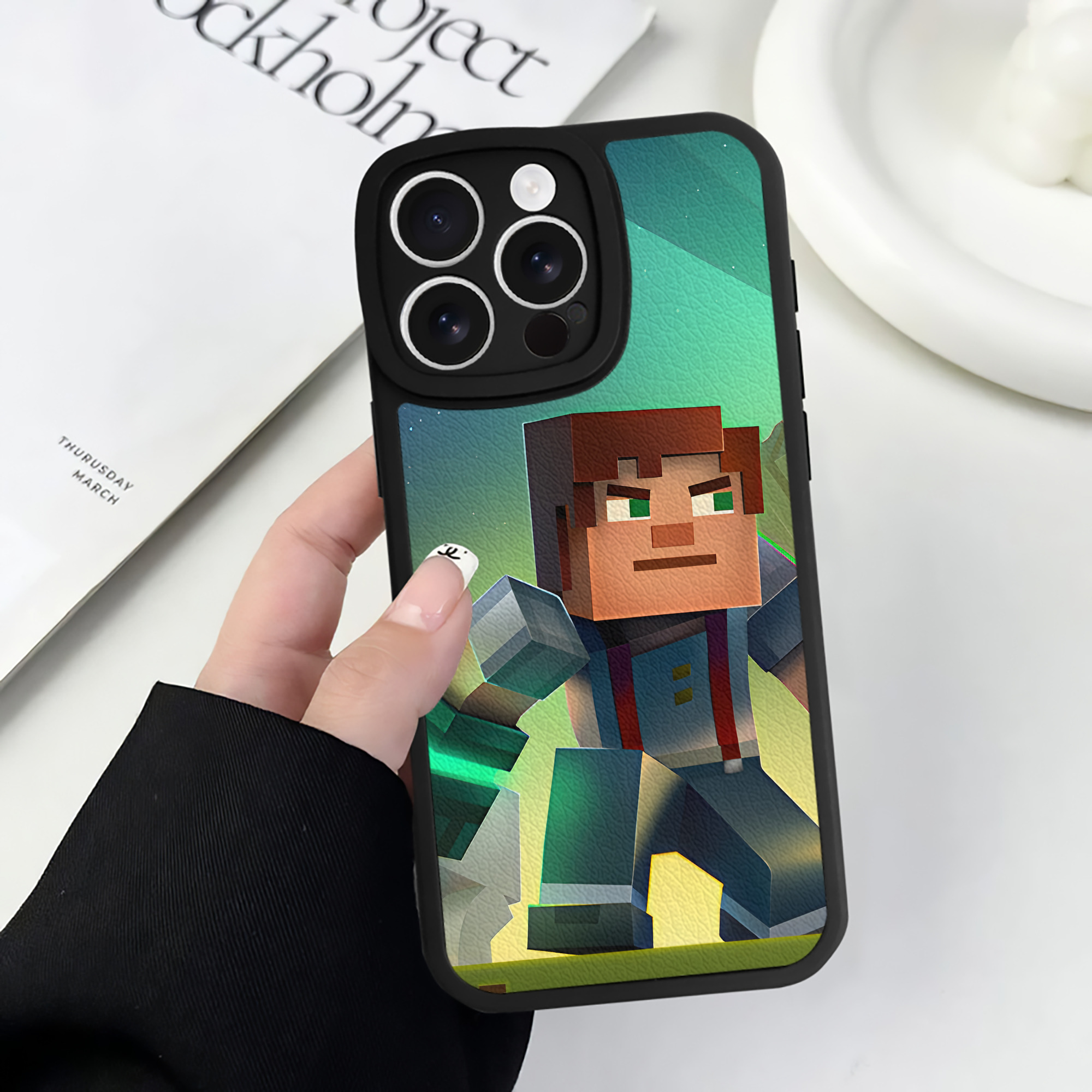 （画像用） マインクラフト ブロックの世界 Minecraft MC Block world 【iPhone 16シリーズ対応】シリコンスマホケース（レザー調） 材質：シリコン